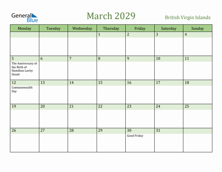 March 2029 Calendar with British Virgin Islands Holidays