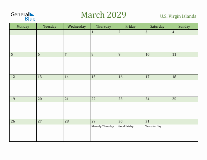 March 2029 Calendar with U.S. Virgin Islands Holidays