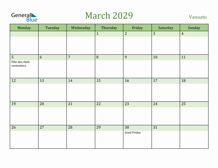 March 2029 Calendar with Vanuatu Holidays