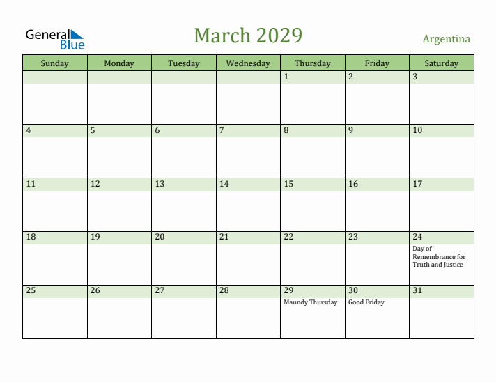 March 2029 Calendar with Argentina Holidays