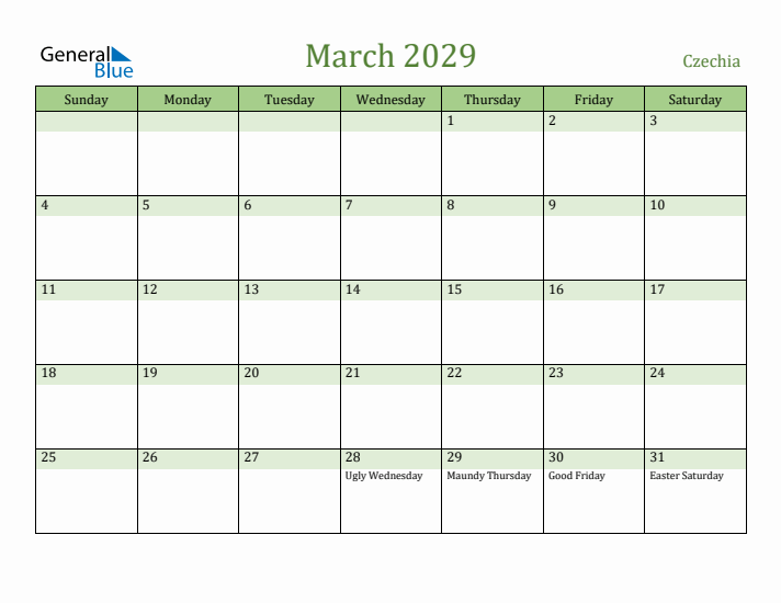 March 2029 Calendar with Czechia Holidays