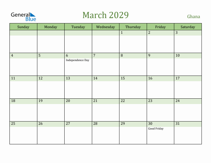 March 2029 Calendar with Ghana Holidays