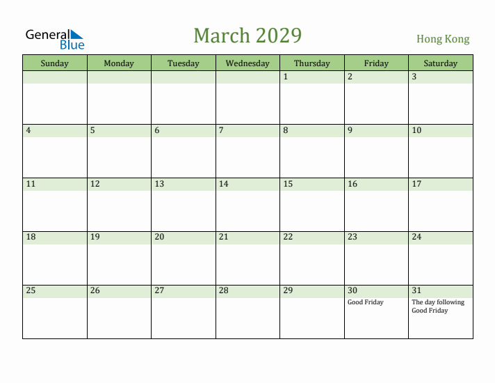 March 2029 Calendar with Hong Kong Holidays