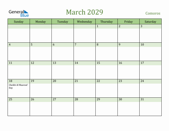 March 2029 Calendar with Comoros Holidays