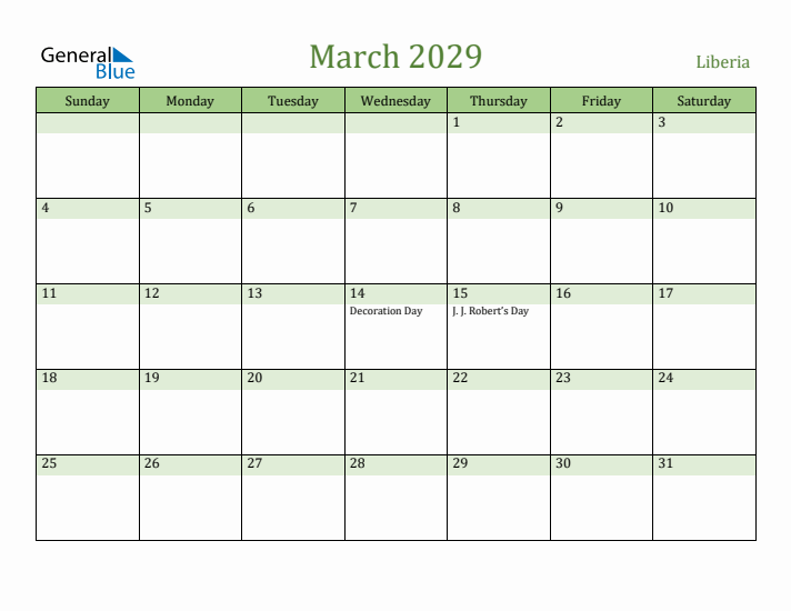 March 2029 Calendar with Liberia Holidays