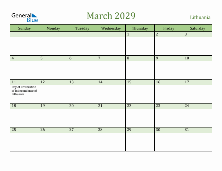March 2029 Calendar with Lithuania Holidays