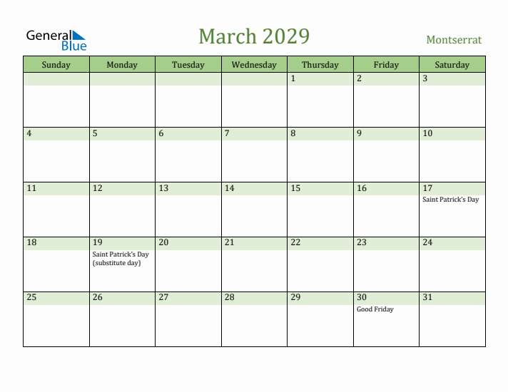 March 2029 Calendar with Montserrat Holidays