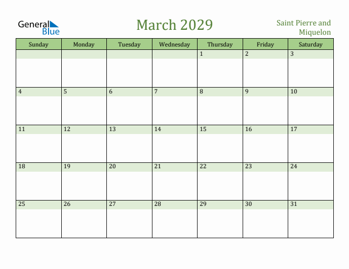 March 2029 Calendar with Saint Pierre and Miquelon Holidays
