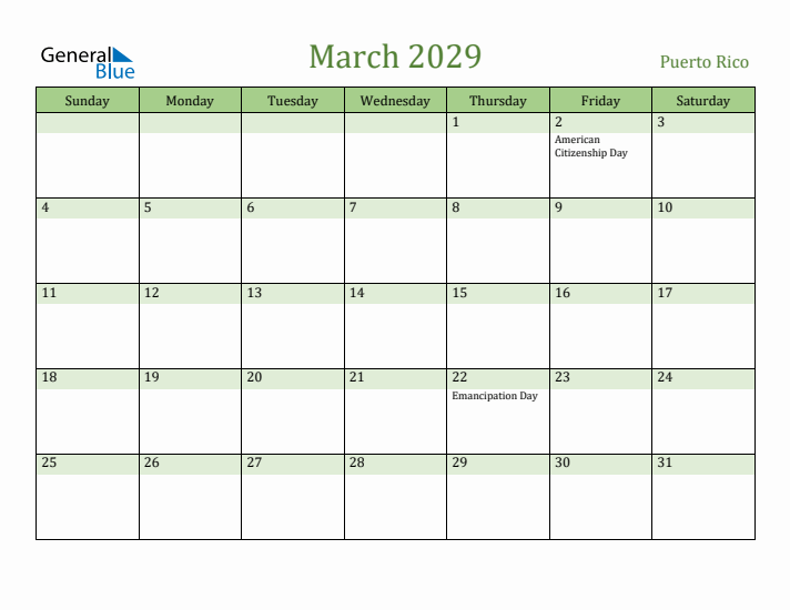 March 2029 Calendar with Puerto Rico Holidays