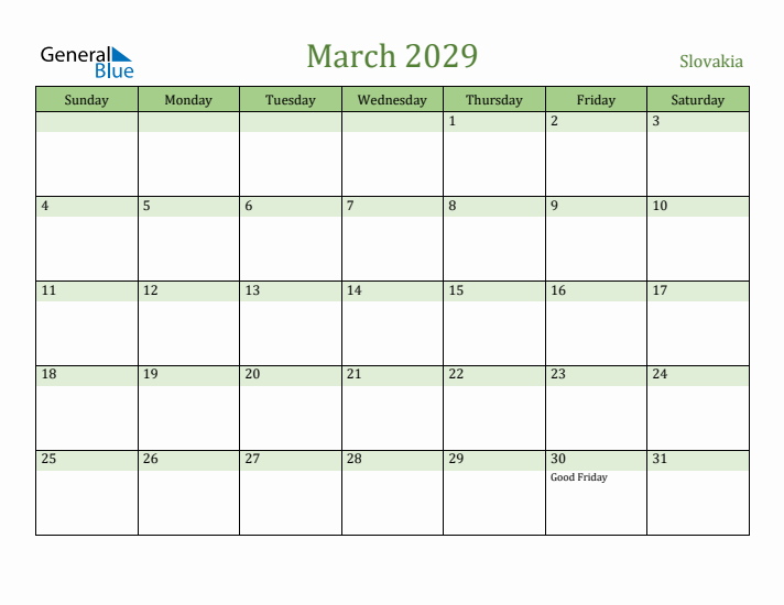 March 2029 Calendar with Slovakia Holidays
