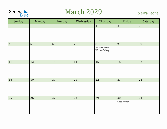 March 2029 Calendar with Sierra Leone Holidays
