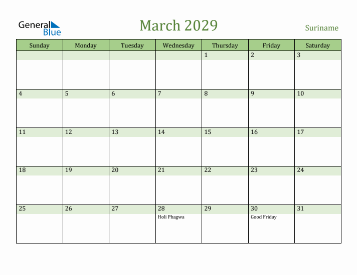March 2029 Calendar with Suriname Holidays
