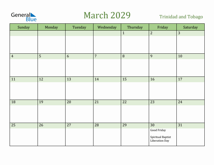 March 2029 Calendar with Trinidad and Tobago Holidays