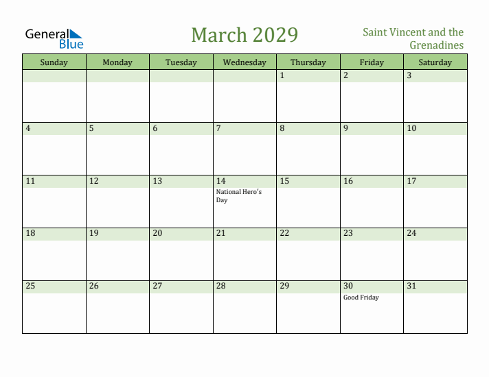 March 2029 Calendar with Saint Vincent and the Grenadines Holidays