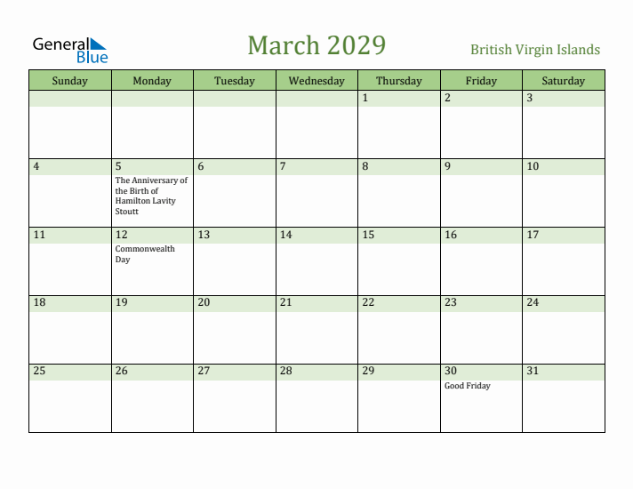 March 2029 Calendar with British Virgin Islands Holidays