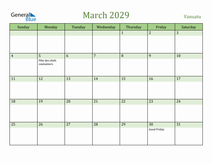 March 2029 Calendar with Vanuatu Holidays