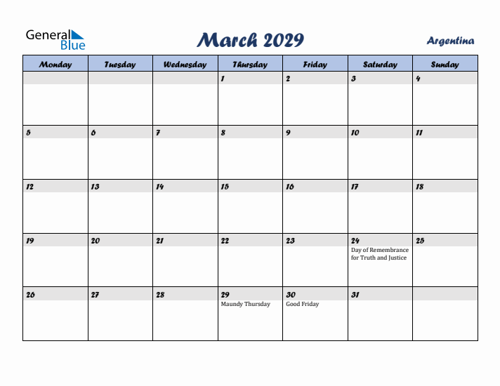 March 2029 Calendar with Holidays in Argentina