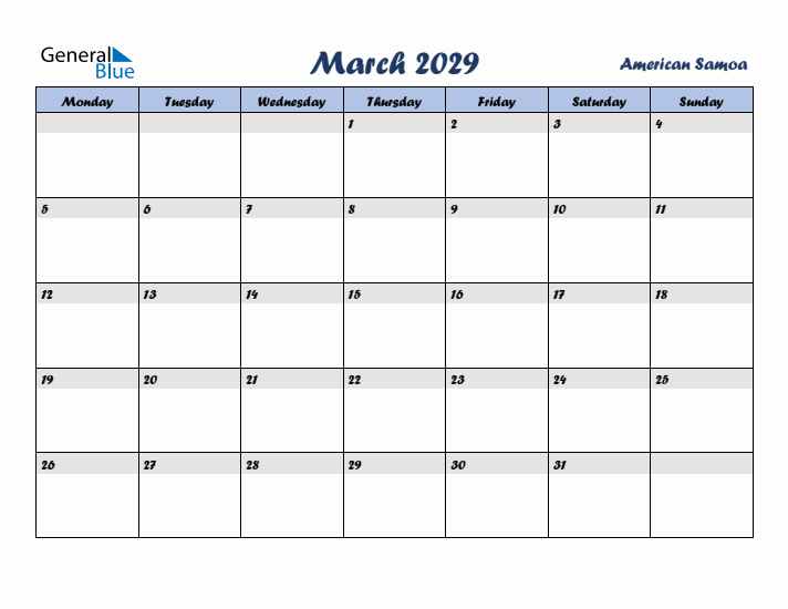 March 2029 Calendar with Holidays in American Samoa