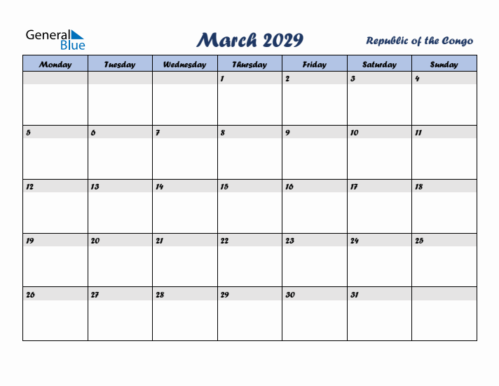 March 2029 Calendar with Holidays in Republic of the Congo