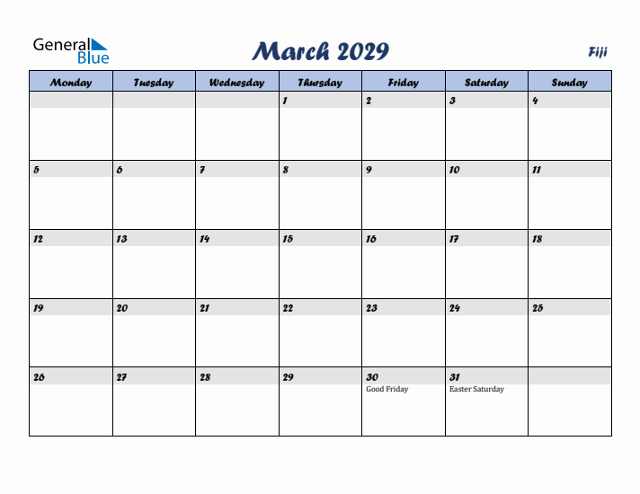 March 2029 Calendar with Holidays in Fiji