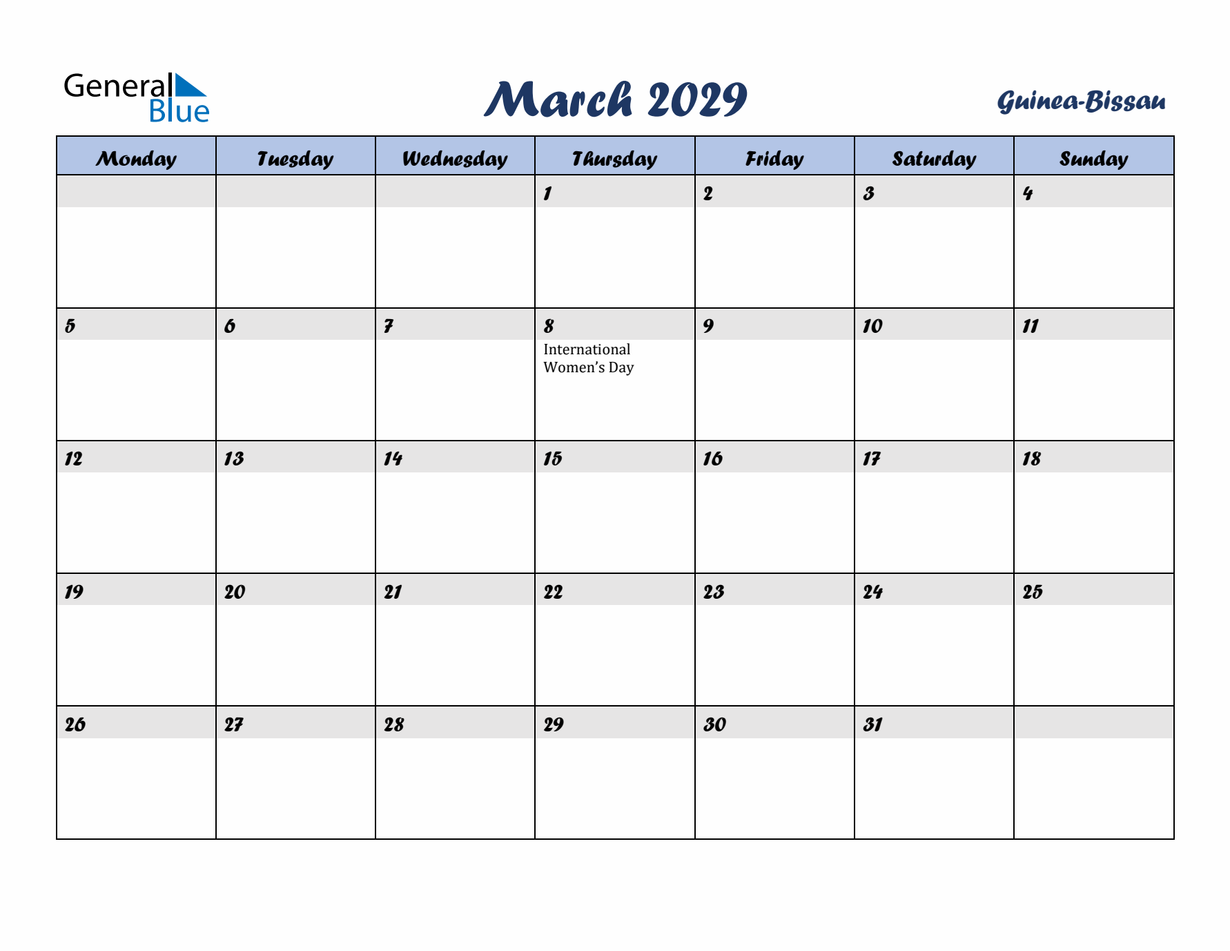 March 2029 Calendar with Holidays in Guinea-Bissau