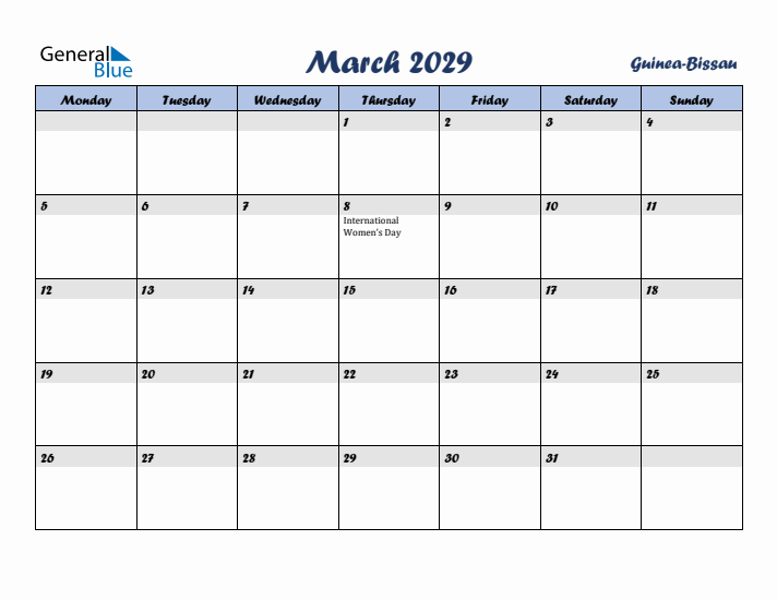 March 2029 Calendar with Holidays in Guinea-Bissau