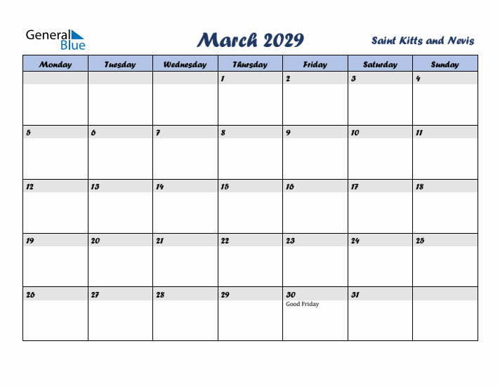 March 2029 Calendar with Holidays in Saint Kitts and Nevis