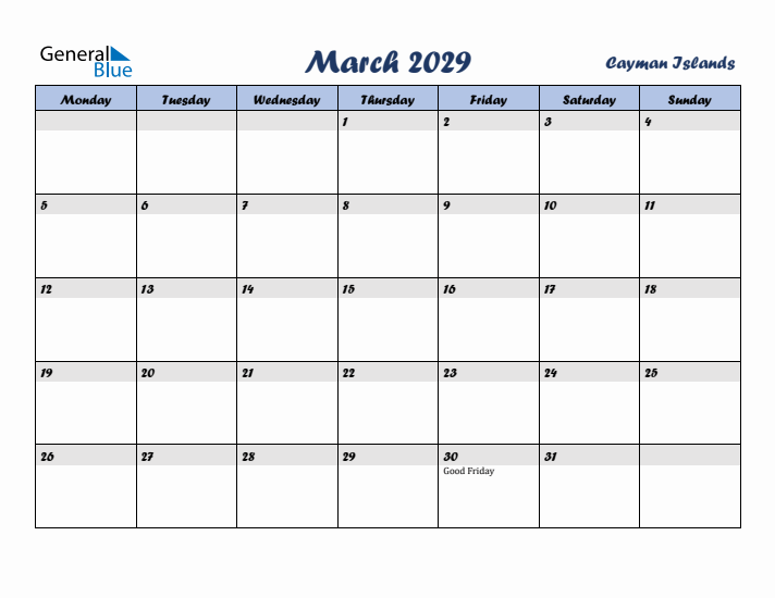 March 2029 Calendar with Holidays in Cayman Islands