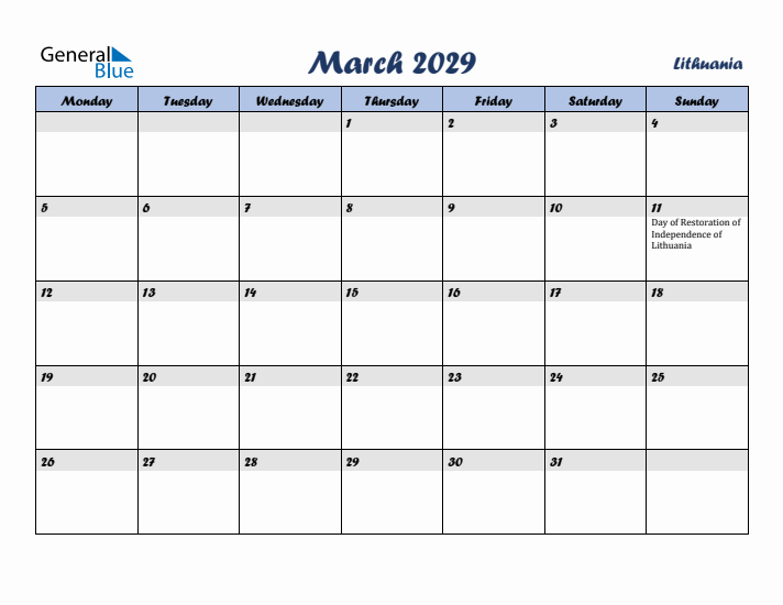 March 2029 Calendar with Holidays in Lithuania