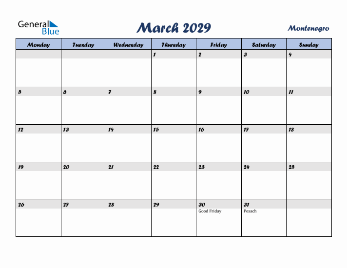 March 2029 Calendar with Holidays in Montenegro