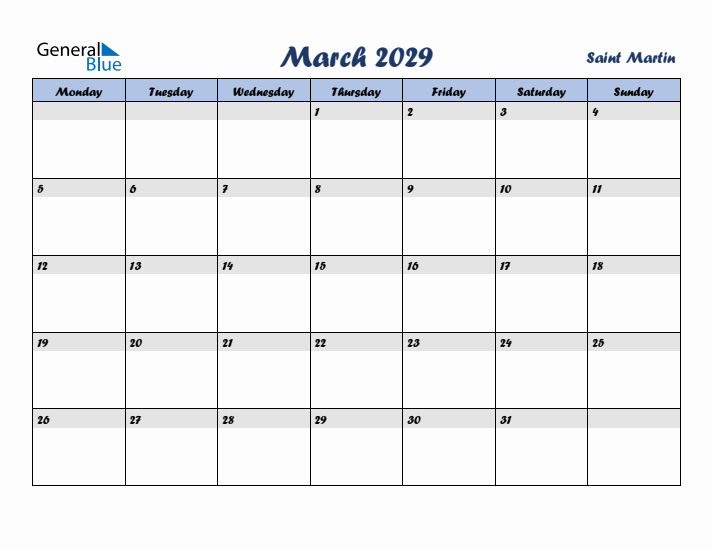 March 2029 Calendar with Holidays in Saint Martin