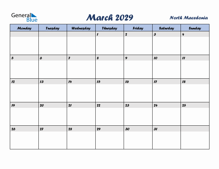 March 2029 Calendar with Holidays in North Macedonia