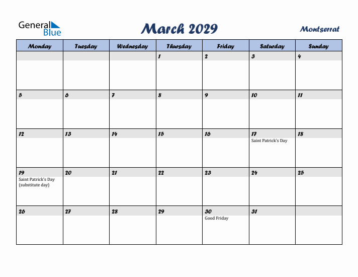 March 2029 Calendar with Holidays in Montserrat