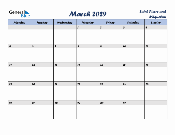 March 2029 Calendar with Holidays in Saint Pierre and Miquelon