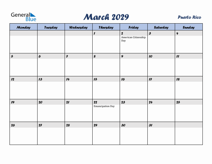 March 2029 Calendar with Holidays in Puerto Rico