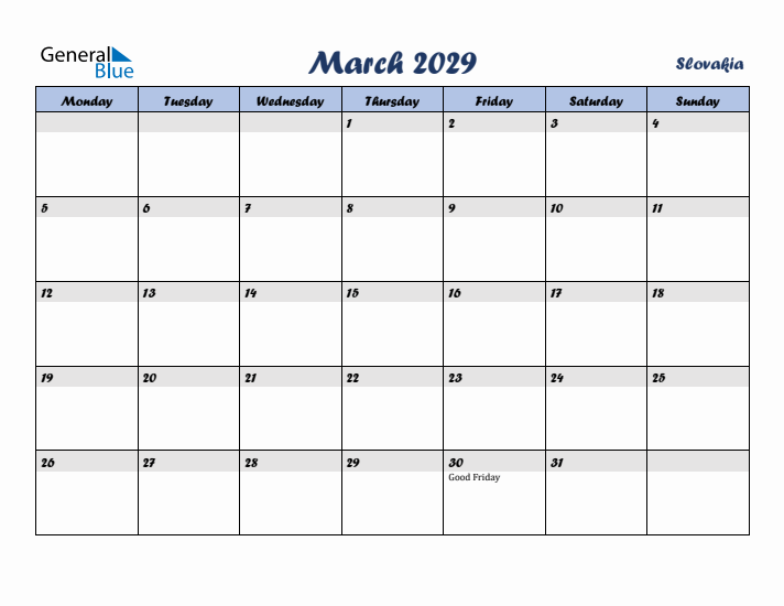 March 2029 Calendar with Holidays in Slovakia