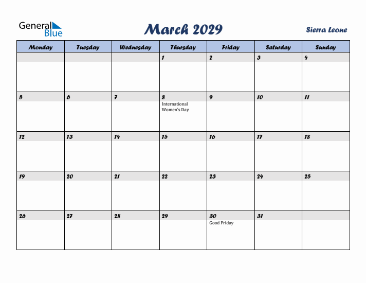 March 2029 Calendar with Holidays in Sierra Leone
