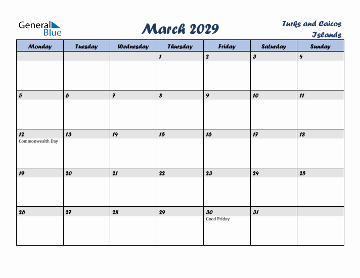 March 2029 Calendar with Holidays in Turks and Caicos Islands