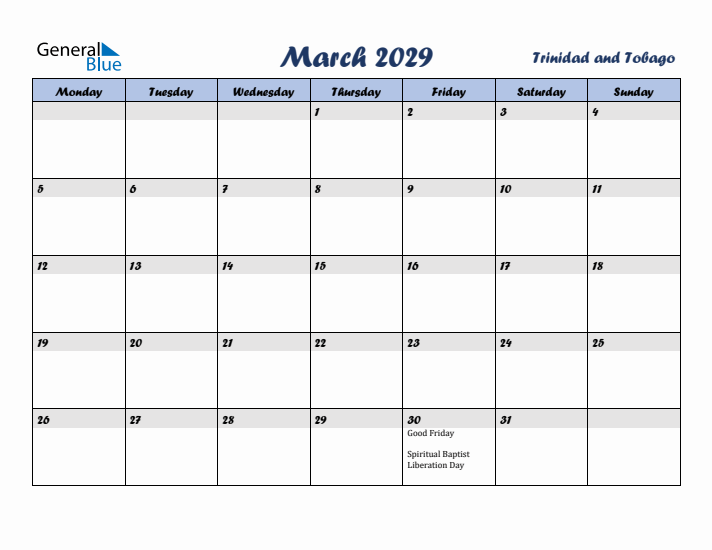 March 2029 Calendar with Holidays in Trinidad and Tobago