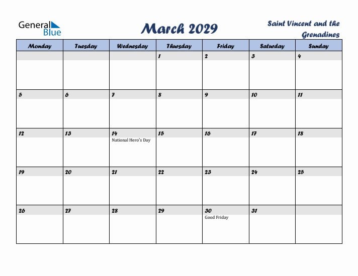 March 2029 Calendar with Holidays in Saint Vincent and the Grenadines
