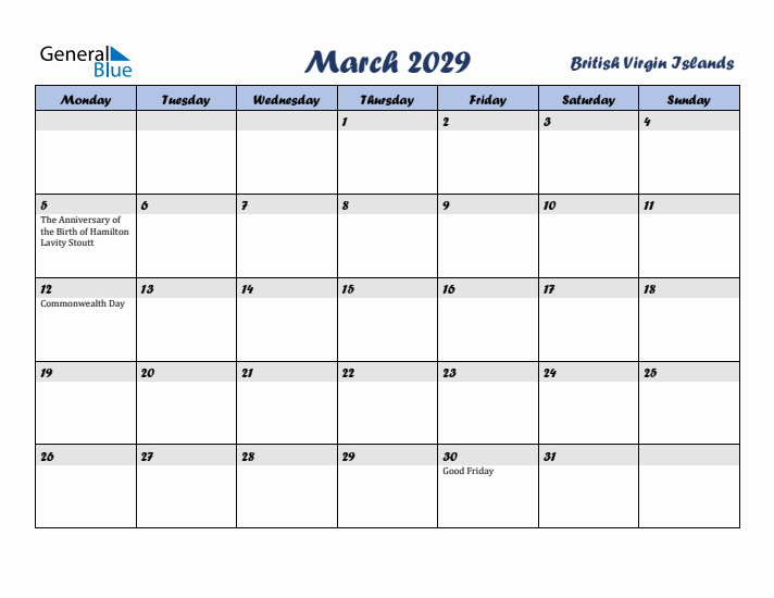 March 2029 Calendar with Holidays in British Virgin Islands