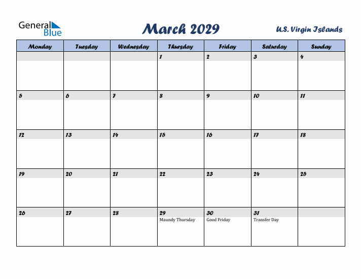 March 2029 Calendar with Holidays in U.S. Virgin Islands