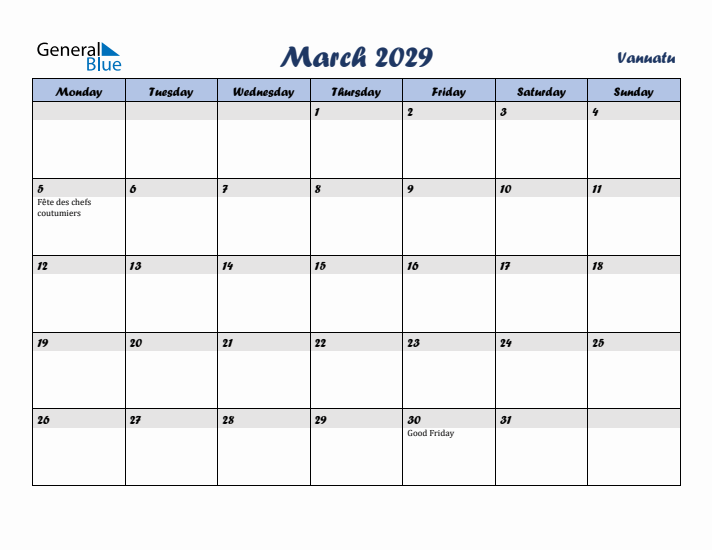 March 2029 Calendar with Holidays in Vanuatu