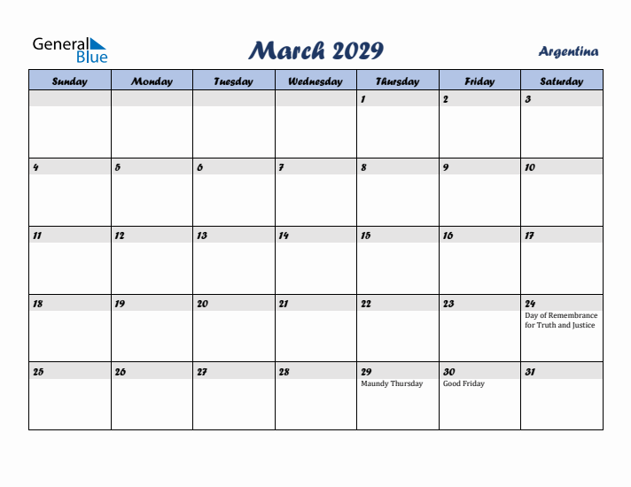 March 2029 Calendar with Holidays in Argentina