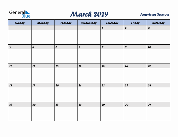 March 2029 Calendar with Holidays in American Samoa