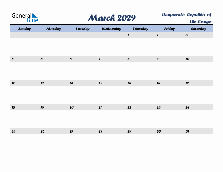 March 2029 Calendar with Holidays in Democratic Republic of the Congo