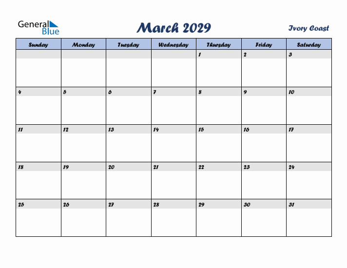 March 2029 Calendar with Holidays in Ivory Coast