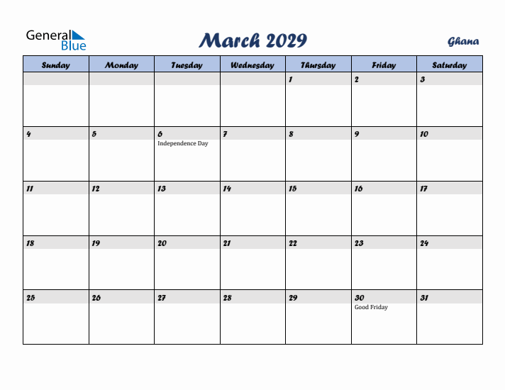 March 2029 Calendar with Holidays in Ghana