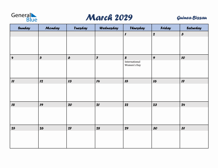 March 2029 Calendar with Holidays in Guinea-Bissau