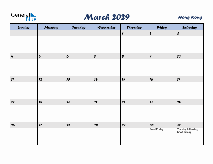 March 2029 Calendar with Holidays in Hong Kong